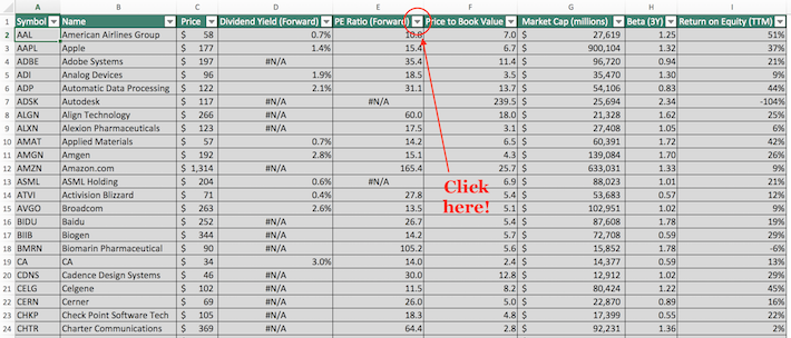 NADAQ 100 Stocks Excel Tutorial 1